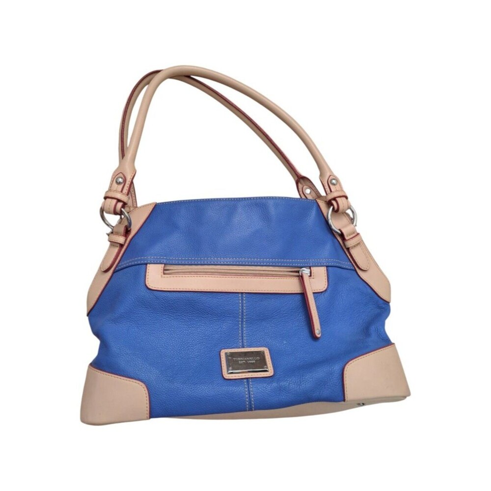 Tignanello Women's Blue Tan Leather Shoulder Purse Bag Multi Pockets